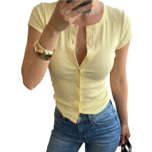 Damen-T-Shirts mit Rundhalsausschnitt, Kurzen Ärmeln, Rippstrick und Knöpfen - Trendige Ausgeh-Tops Hellgelb S