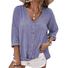 Women'S V Neck Button Down Shirt, 3/4 Sleeve Casual Loose Blouse Top S