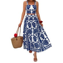 Damen 2-Teiliges Rock-Set: Bedrucktes Oberteil, Hochtaillierter Maxirock - Modische Urlaubsoutfits für Damen Blau L