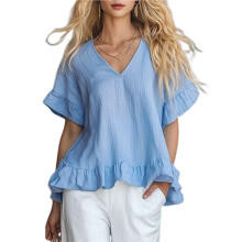 Elegantes Vintage-Damenblusen-Top mit V-Ausschnitt, Kurzen Ärmeln, Asymmetrischem Rüschensaum Himmelblau XL