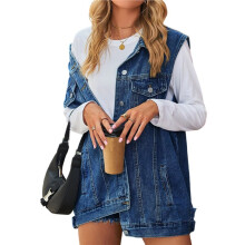 Damen Jeansweste Oversize, Ärmellos, Mittellang, mit Knopfleiste Dunkelblau XL
