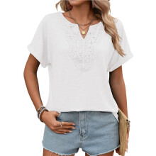 Damen Kurzarmtops, Boho-Stil, V-Ausschnitt, Spitzenblusen, Elegante und Lässige Blusen, Süße Sommertunika Weiß M