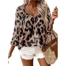 Dames Zomertops: Elegante Casual Blouse met V-Hals, Satijnen Print, Boho-Stijl, Mouwen Tot de Elleboog, Werkblouse Luipaardprint 6 XXL