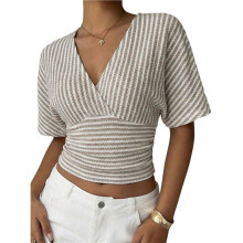 Damen Kurzarm-Tops, V-Ausschnitt, Frühling/Sommer-T-Shirts, Lässige Gestreifte Blusen mit Fledermausärmeln Aprikosenfarbe S