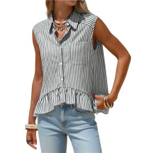 Dames Zomertops: Mouwloze Blouses met Knoopjes, Cropped Peplumtops, Casual Gestreepte Babydollblouses Zwart XL