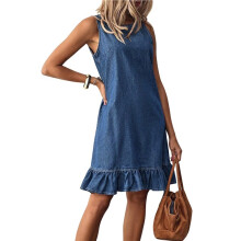 Sommerliche Jeanskleider für Damen, Ärmelloses Tank-Minikleid mit Rundhalsausschnitt und Rüschen, Strandkleider Blau XL