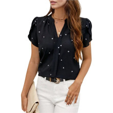 Chiffon V-Neck Blouse for Women - Elegant Ruffle Sleeve Business Casual Top Black XL