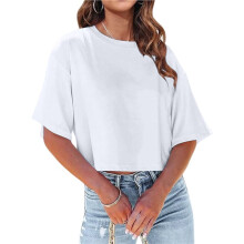 Women Half Sleeve Cropped T-Shirts Drop Shoulder Round Neck Crop Tops Casual Summer Basic Tees White XL