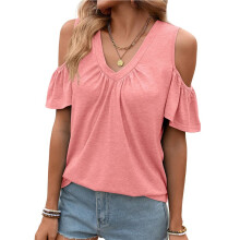 Damen-Top mit Cut-Out-Schultern, Kurzarm, V-Ausschnitt, Lässiges, Locker Geschnittenes Top mit Raffungen für Strandurlaub Rosa M