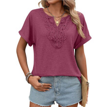 Damen Kurzarmtops, Boho-Stil, V-Ausschnitt, Spitzenblusen, Elegante und Lässige Blusen, Süße Sommertunika Weinrot XXL