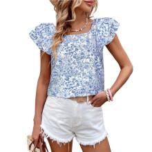 Womens Tie Back Tops Square Neck Ruffle Short Sleeve Shirts Cute Babydoll Tee Summer Trendy Tunic XL