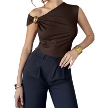 Dames Tops met Blote Schouders, Elegante Asymmetrische Top, Feestelijke Top voor een Avondje Uit Bruin XS