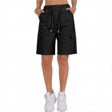 Freizeitliche Damen-Sommer-Cargoshorts mit Elastischem Bund, Kordelzug und Taschen Schwarz S