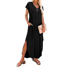Summer Casual Maxi Dresses for Women V Neck Cap Sleeve Long Sundress with Pockets Beach Vacation Black L