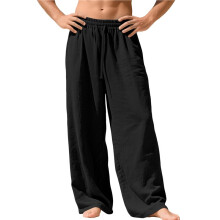 Men'S Casual Linen Pants Loose Fit Drawstring Waist Lightweights Summer Beach Long Pants Yoga Black XXXL