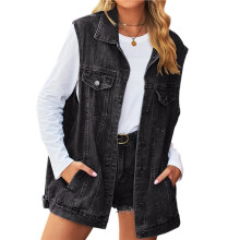 Damen Jeansweste Oversize, Ärmellos, Mittellang, mit Knopfleiste Schwarz und Grau L