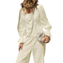 Damen-Zweiteiler: Langarmshirt mit Eckigem Ausschnitt und Knopfleiste Sowie Hose mit Geradem Bein Beige L