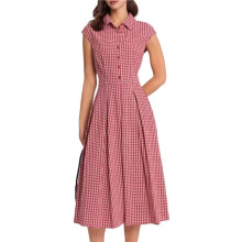 Women Short Sleeve Midi Dress Casual Button Down Striped Waist Shirt Dresses L