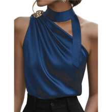 Blusa Feminina Elegante em Cetim com Decote Assimétrico e Design Sem Mangas com Franzido. Azul Marinho S