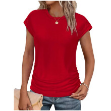Blusas Femininas de Verão, Modernas, com Franzido, Manga Curta e Gola Redonda. Vermelho XXL