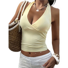 Blusas Regata Femininas com Alças no Pescoço, Forro Duplo, Básicas, Sem Costas, Estilo Anos Y2K, para Sair À Noite Amarelo L