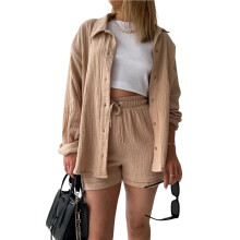 Womens Two Piece Wrinkle Fabric Collared Long Sleeve Shirt and High Waist Drawstring Shorts Set Khaki XL