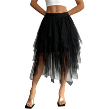 Saia Feminina Irregular de Tule e Malha, Cintura Alta, Versátil, Modeladora e com Camadas. Preto L