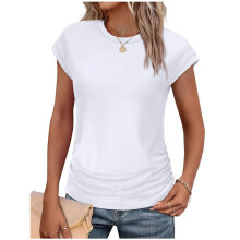 Blusas Femininas de Verão, Modernas, com Franzido, Manga Curta e Gola Redonda. Branco XL