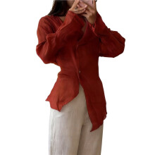 Camisas Femininas de Linho com Botões, Decote em V, Manga Comprida, Estilo Casual para o Escritório, Modelagem Solta. Vermelho M