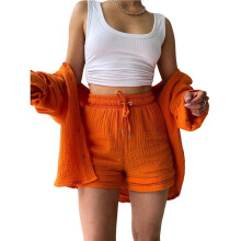 Womens Two Piece Wrinkle Fabric Collared Long Sleeve Shirt and High Waist Drawstring Shorts Set Orange XL