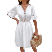 Women'S Boho Dress V Neck Lace Wedding Guest Dress Smocked Waist Bohemian Flowy Dresses White S