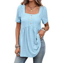 Blusas Túnicas Femininas Folgadas de Manga Curta com Decote Quadrado e Botões, Perfeitas para o Verão. Azul Celeste XL
