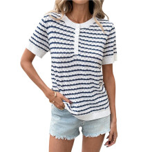 Blusa Feminina de Tricô para o Verão, com Botões, Manga Curta, Gola Redonda e Estilo Henley. Branco M