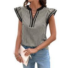 Blusas Femininas de Verão com Decote em V, Manga Curta, Listras, Estilo Boho, Modelagem Solta Preto XXL