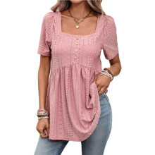 Blusas Túnicas Femininas Folgadas de Manga Curta com Decote Quadrado e Botões, Perfeitas para o Verão. Rosa XL