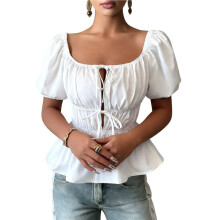 Top Cropped Feminino Elegante com Decote Quadrado Frontal, Recorte e Amarração Nas Costas, Mangas Bufantes e Costas Abertas Branco S