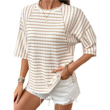 Blusas Femininas Oversized, Camisetas Listradas com Blocos de Cores, Camisetas de Manga Curta, Blusas com Gola Redonda Cor de Damasco XXL
