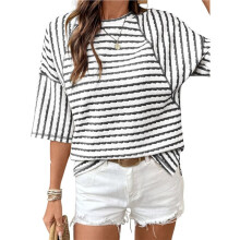 Blusas Femininas Oversized, Camisetas Listradas com Blocos de Cores, Camisetas de Manga Curta, Blusas com Gola Redonda Preto XL
