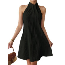 Vestido Curto Feminino com Pregas, Decote Halter Torcido e Sem Mangas, Adornado com Pérolas Preto L