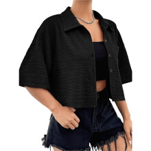 Blusa Feminina Cropped de Manga Curta com Detalhe de Bolso Frontal e Botões, em Cor Sólida, Ideal para o Verão Preto L