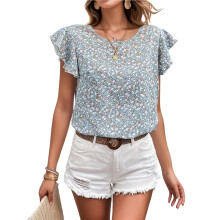 Blusas Femininas Casuais de Verão com Gola Redonda, Babados, Manga Curta e Decote em Gota, Estilo Boho Azul M