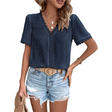 Blusas Femininas Boho com Renda, Crochê, Decote em V, Estampa de Bolinhas, Estilo Túnica, Manga Curta e Pompons Azul Escuro XL