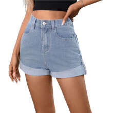 Shorts Jeans Femininos de Cintura Alta com Bolsos Azul Claro XXL