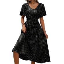 Vestido Midi Casual Feminino com Estampa de Bolinhas, Manga Curta, Decote em V, Cintura Elástica, Estilo Boho para Praia Preto XXL