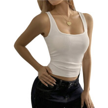 Women'S Ribbed Tank Top Square Neck Sleeveless Clothes Ideal for Workout Casual Wear White M