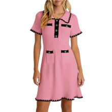Vestido Feminino de Verão com Lapela, Manga Curta, Botões, Elegante, em Tricô com Blocos de Cores Rosa um Tamanho