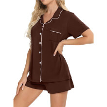 Conjunto de Pijama Feminino com Botões, Manga Curta, Macio e Confortável para Dormir Marrom L