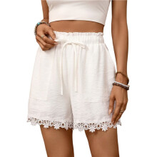 Shorts Femininos de Verão, Casuais, Folgados, com Cintura Elástica, Cordão e Renda, Estilo Boho, para Usar Como Saída de Praia Branco Creme L