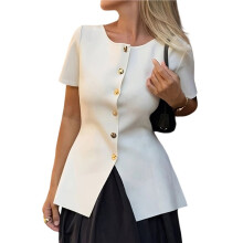 Cardigã Feminino de Malha com Gola Redonda e Mangas Curtas, Ideal para Looks Casuais e de Negócios Branco L