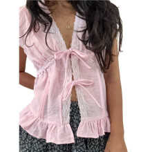 Regata Feminina com Amarração Frontal e Detalhes em Renda, Estilo Anos Y2K, Decote em V, Cropped, Ideal para o Verão, Perfeita para Sair À Noite,